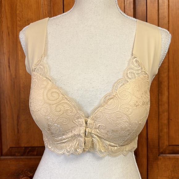 Women Solid Lace Bralette Front Closure Vest Wireless Deep V Bra 6L - Picture 2 of 9